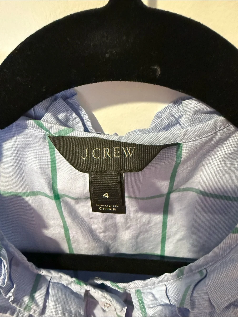 J. Crew Light Blue & Green Windowpane Ruffle Collar Blouse